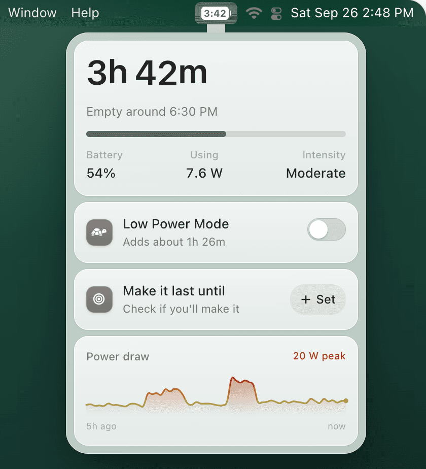 TurtleBar popover showing the time left, Low Power Mode and a power chart